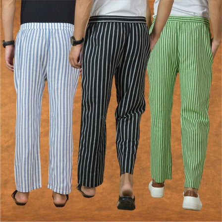 COMBO OF 3 MEN STRIPE COTTON HANDLOOM PANT BLACK OLIVE GREEN AND BLUE-15223