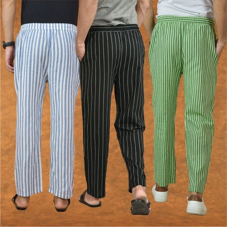 COMBO OF 3 MEN STRIPE COTTON HANDLOOM PANT BLACK OLIVE GREEN AND BLUE-15228