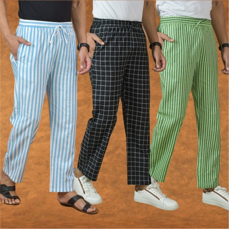 COMBO OF 3 MEN STRIPE COTTON HANDLOOM PANT BLACK OLIVE GREEN AND SKY BLUE-15155