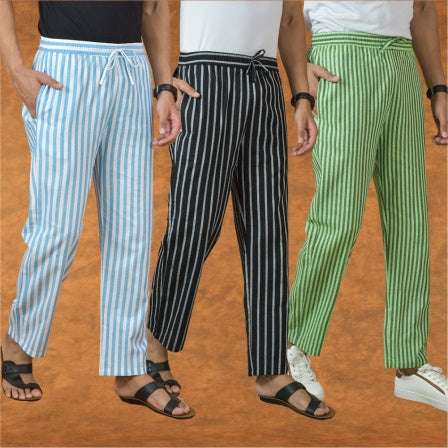 COMBO OF 3 MEN STRIPE COTTON HANDLOOM PANT BLACK OLIVE GREEN AND SKY BLUE-15156