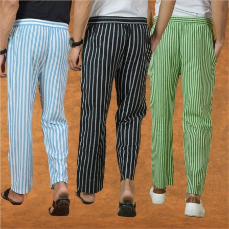 COMBO OF 3 MEN STRIPE COTTON HANDLOOM PANT BLACK OLIVE GREEN AND SKY BLUE-15156