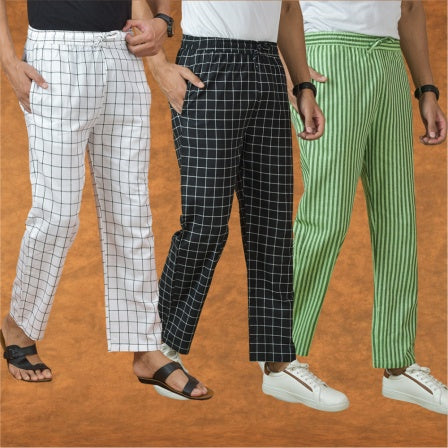 COMBO OF 3 MEN STRIPE COTTON HANDLOOM PANT BLACK OLIVE GREEN AND WHITE-15277