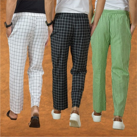 COMBO OF 3 MEN STRIPE COTTON HANDLOOM PANT BLACK OLIVE GREEN AND WHITE-15277