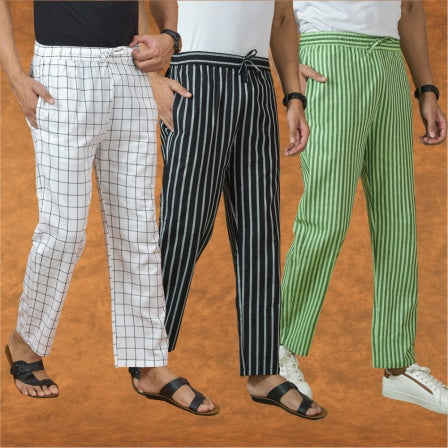 COMBO OF 3 MEN STRIPE COTTON HANDLOOM PANT BLACK OLIVE GREEN AND WHITE-15278