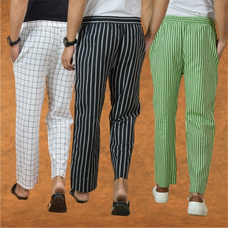 COMBO OF 3 MEN STRIPE COTTON HANDLOOM PANT BLACK OLIVE GREEN AND WHITE-15278