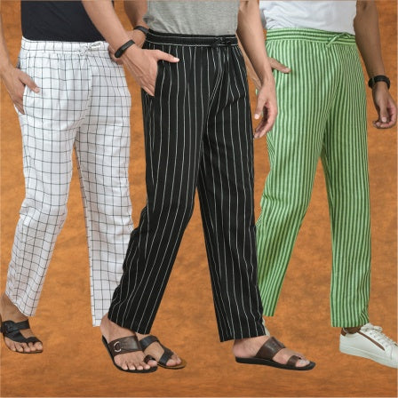 COMBO OF 3 MEN STRIPE COTTON HANDLOOM PANT BLACK OLIVE GREEN AND WHITE-15283