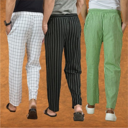 COMBO OF 3 MEN STRIPE COTTON HANDLOOM PANT BLACK OLIVE GREEN AND WHITE-15283