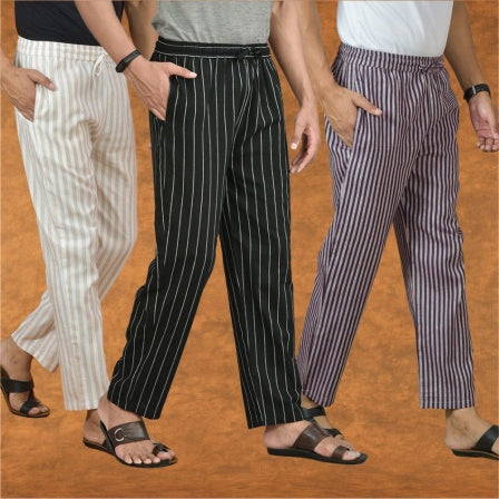 COMBO OF 3 MEN STRIPE COTTON HANDLOOM PANT BLACK PURPLE AND BEIGE-15354