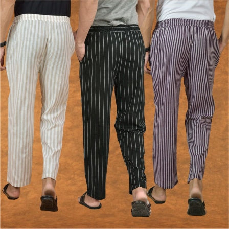 COMBO OF 3 MEN STRIPE COTTON HANDLOOM PANT BLACK PURPLE AND BEIGE-15354