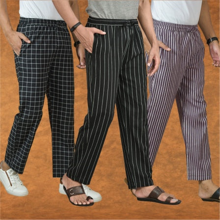 COMBO OF 3 MEN STRIPE COTTON HANDLOOM PANT BLACK PURPLE AND BLACK-15418