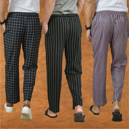 COMBO OF 3 MEN STRIPE COTTON HANDLOOM PANT BLACK PURPLE AND BLACK-15418