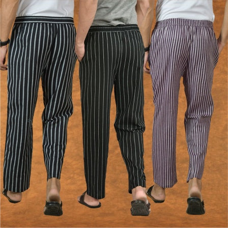 COMBO OF 3 MEN STRIPE COTTON HANDLOOM PANT BLACK PURPLE AND BLACK-15439