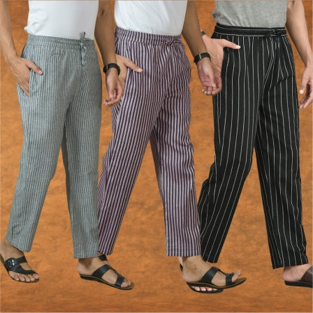 COMBO OF 3 MEN STRIPE COTTON HANDLOOM PANT BLACK PURPLE AND GRAY-15454