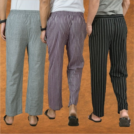 COMBO OF 3 MEN STRIPE COTTON HANDLOOM PANT BLACK PURPLE AND GRAY-15454