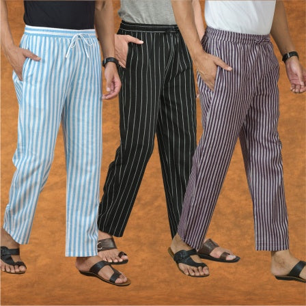 COMBO OF 3 MEN STRIPE COTTON HANDLOOM PANT BLACK PURPLE AND SKY BLUE-15187