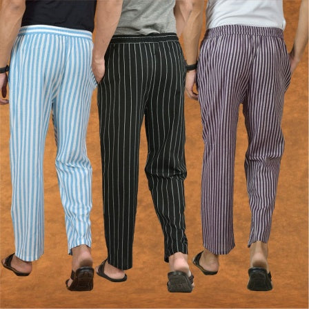COMBO OF 3 MEN STRIPE COTTON HANDLOOM PANT BLACK PURPLE AND SKY BLUE-15187
