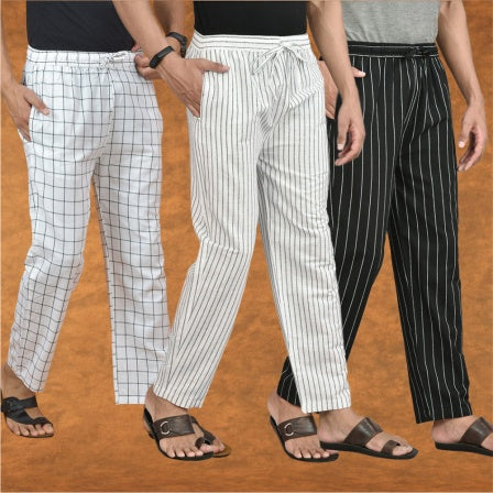 COMBO OF 3 MEN STRIPE COTTON HANDLOOM PANT BLACK PURPLE AND WHITE-15309