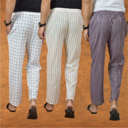 COMBO OF 3 MEN STRIPE COTTON HANDLOOM PANT BLACK PURPLE AND WHITE-15309