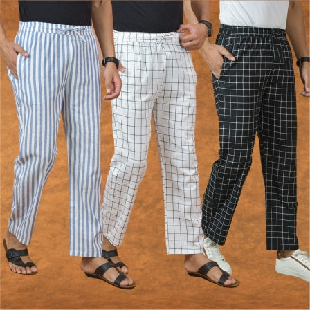 COMBO OF 3 MEN STRIPE COTTON HANDLOOM PANT BLACK WHITE AND BLUE-15202