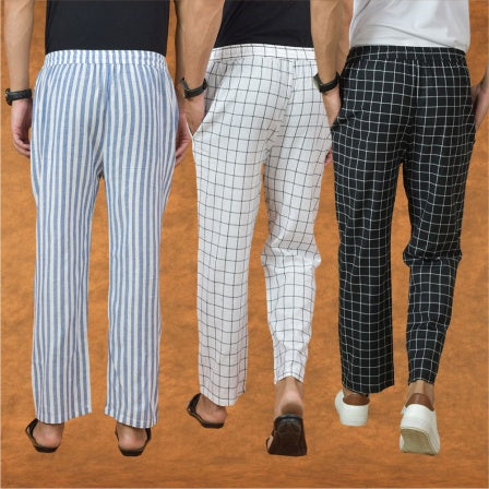 COMBO OF 3 MEN STRIPE COTTON HANDLOOM PANT BLACK WHITE AND BLUE-15202