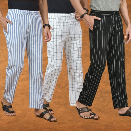 COMBO OF 3 MEN STRIPE COTTON HANDLOOM PANT BLACK WHITE AND BLUE-15208
