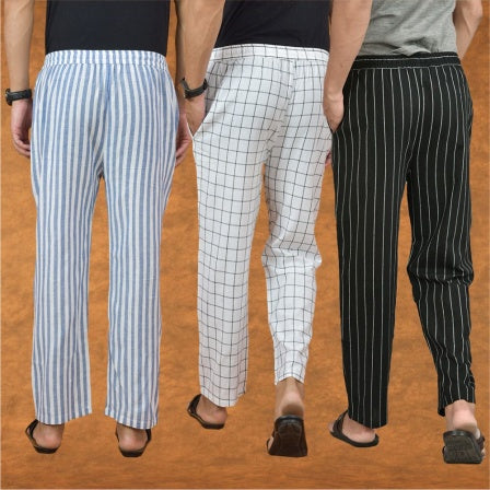COMBO OF 3 MEN STRIPE COTTON HANDLOOM PANT BLACK WHITE AND BLUE-15208
