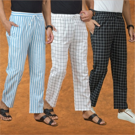 COMBO OF 3 MEN STRIPE COTTON HANDLOOM PANT BLACK WHITE AND SKY BLUE-15136