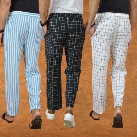 COMBO OF 3 MEN STRIPE COTTON HANDLOOM PANT BLACK WHITE AND SKY BLUE-15136