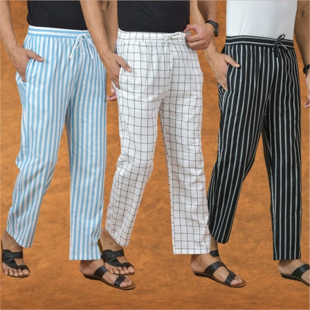 COMBO OF 3 MEN STRIPE COTTON HANDLOOM PANT BLACK WHITE AND SKY BLUE-15137