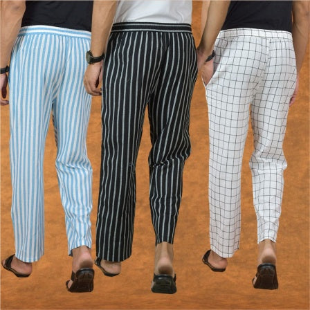 COMBO OF 3 MEN STRIPE COTTON HANDLOOM PANT BLACK WHITE AND SKY BLUE-15137