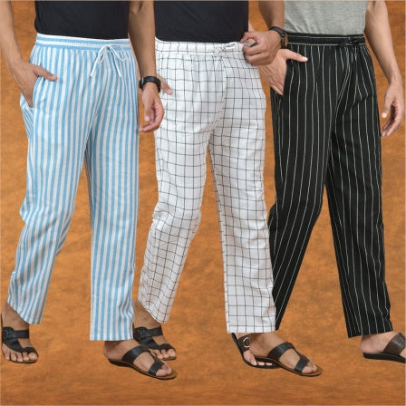 COMBO OF 3 MEN STRIPE COTTON HANDLOOM PANT BLACK WHITE AND SKY BLUE-15142