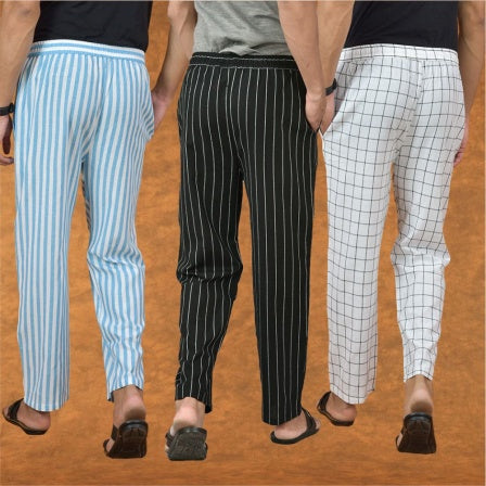 COMBO OF 3 MEN STRIPE COTTON HANDLOOM PANT BLACK WHITE AND SKY BLUE-15142