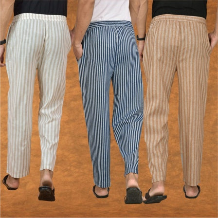 COMBO OF 3 MEN STRIPE COTTON HANDLOOM PANT BLUE BEIGE AND BEIGE-15357