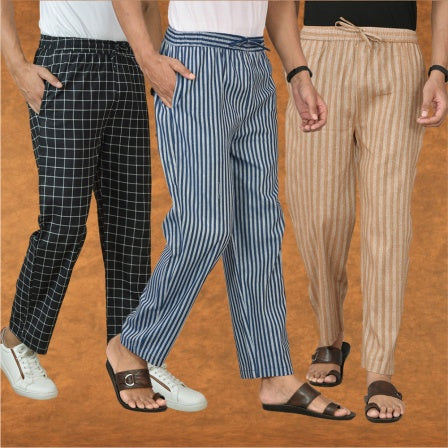 COMBO OF 3 MEN STRIPE COTTON HANDLOOM PANT BLUE BEIGE AND BLACK-15421