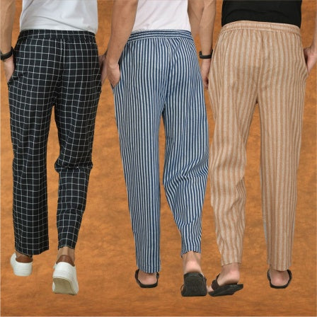 COMBO OF 3 MEN STRIPE COTTON HANDLOOM PANT BLUE BEIGE AND BLACK-15421