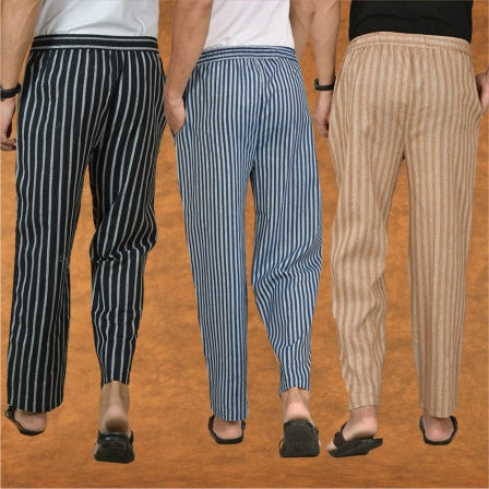 COMBO OF 3 MEN STRIPE COTTON HANDLOOM PANT BLUE BEIGE AND BLACK-15442