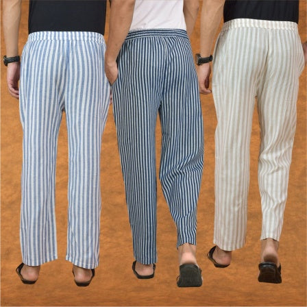 COMBO OF 3 MEN STRIPE COTTON HANDLOOM PANT BLUE BEIGE AND BLUE-15218