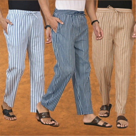 COMBO OF 3 MEN STRIPE COTTON HANDLOOM PANT BLUE BEIGE AND BLUE-15257