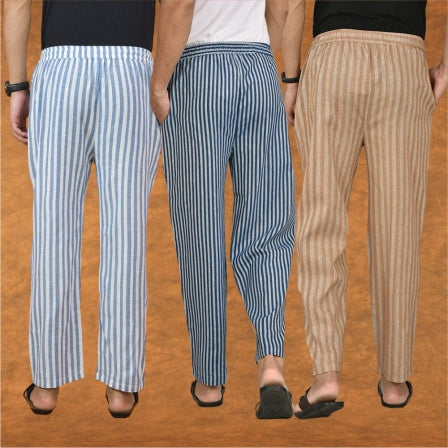 COMBO OF 3 MEN STRIPE COTTON HANDLOOM PANT BLUE BEIGE AND BLUE-15257