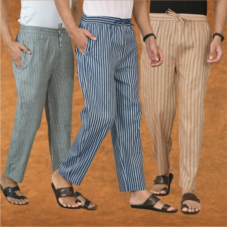 COMBO OF 3 MEN STRIPE COTTON HANDLOOM PANT BLUE BEIGE AND GRAY-15457
