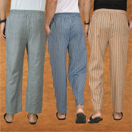 COMBO OF 3 MEN STRIPE COTTON HANDLOOM PANT BLUE BEIGE AND GRAY-15457