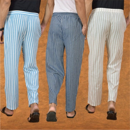 COMBO OF 3 MEN STRIPE COTTON HANDLOOM PANT BLUE BEIGE AND SKY BLUE-15151