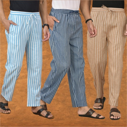COMBO OF 3 MEN STRIPE COTTON HANDLOOM PANT BLUE BEIGE AND SKY BLUE-15190