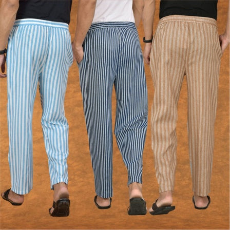 COMBO OF 3 MEN STRIPE COTTON HANDLOOM PANT BLUE BEIGE AND SKY BLUE-15190