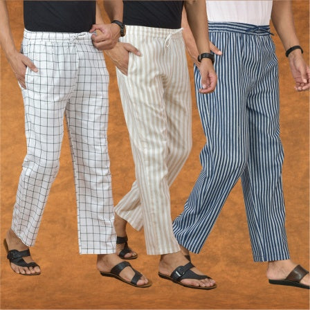 COMBO OF 3 MEN STRIPE COTTON HANDLOOM PANT BLUE BEIGE AND WHITE-15273
