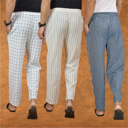 COMBO OF 3 MEN STRIPE COTTON HANDLOOM PANT BLUE BEIGE AND WHITE-15273