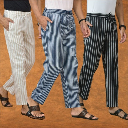 COMBO OF 3 MEN STRIPE COTTON HANDLOOM PANT BLUE BLACK AND BEIGE-15342