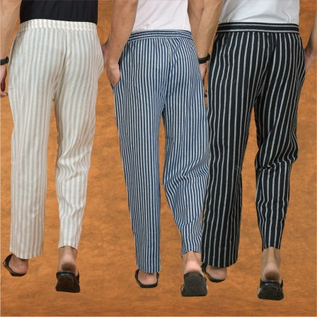 COMBO OF 3 MEN STRIPE COTTON HANDLOOM PANT BLUE BLACK AND BEIGE-15342