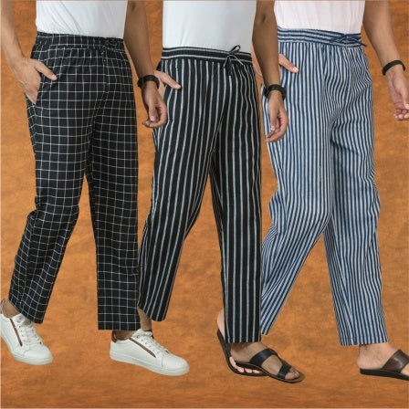 COMBO OF 3 MEN STRIPE COTTON HANDLOOM PANT BLUE BLACK AND BLACK-15406