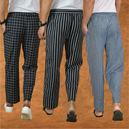 COMBO OF 3 MEN STRIPE COTTON HANDLOOM PANT BLUE BLACK AND BLACK-15406